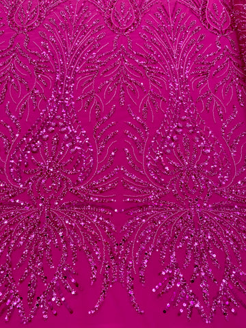Dantela Couture Fucsia geometriai mintával, gyöngyökkel és flitterekkel