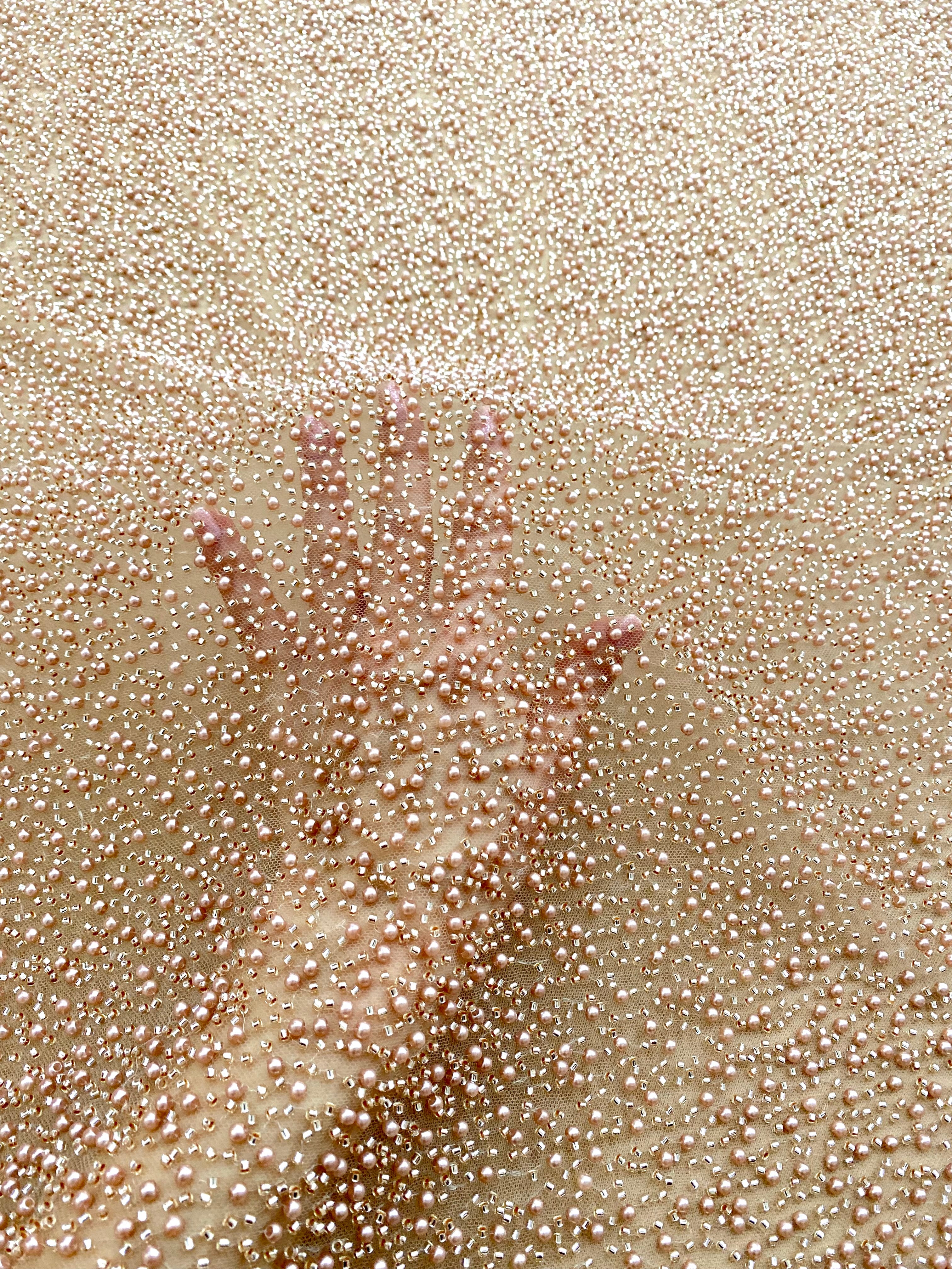 Dantela Couture Auriu Rose cu Model General, cu Perle si Margele