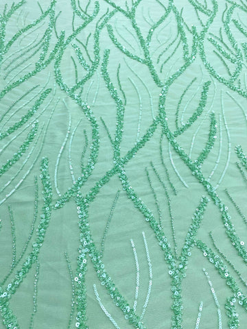 Dantela Couture Verde Menta cu Siraguri, cu Margele si Paiete