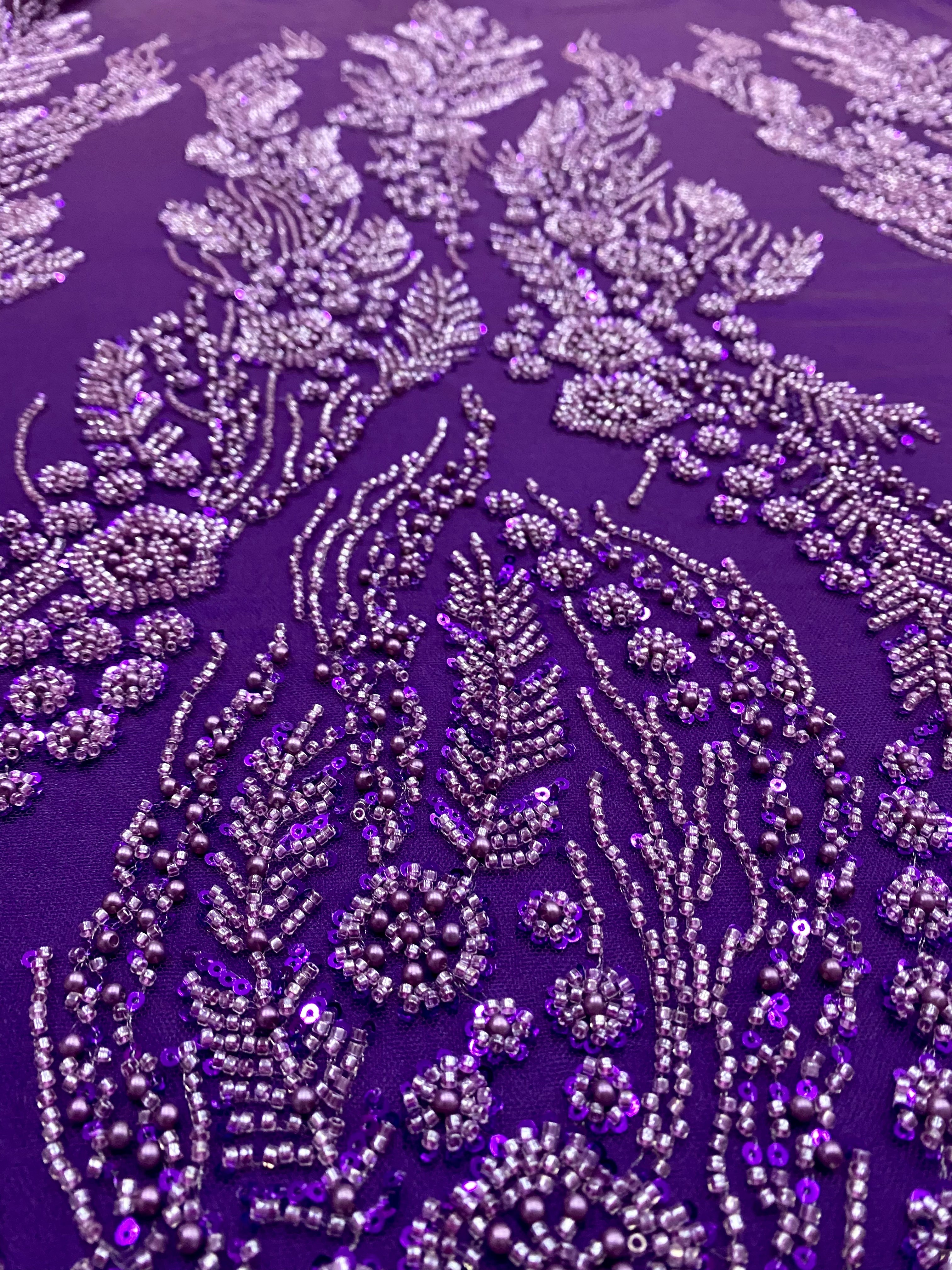 Dantela Couture Mov Inchis cu Model Floral, Perle, Margele si Paiete