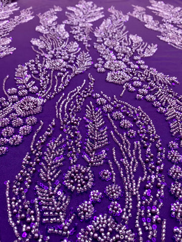 Dantela Couture Mov Inchis cu Model Floral, Perle, Margele si Paiete