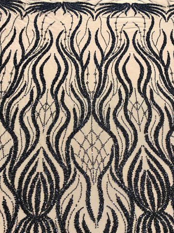 Dantela Couture Neagra cu Model Geometric, cu Margele si Paiete