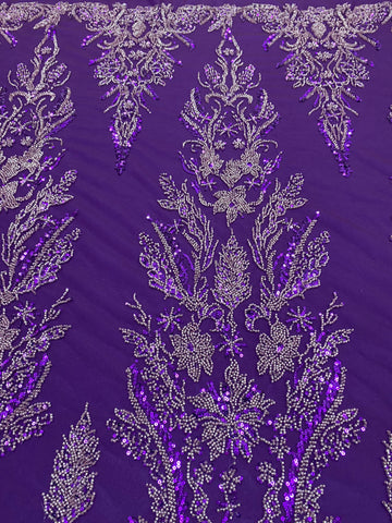 Sötétlila Couture csipke virágmintával, gyöngyökkel és flitterekkel