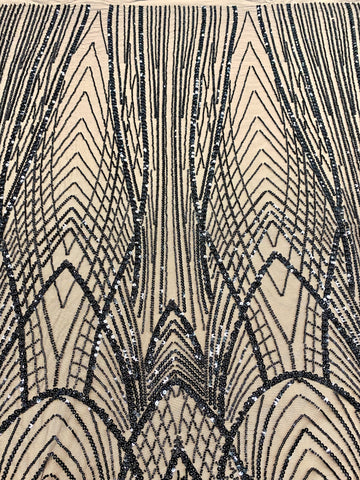 Dantela Couture Neagra cu Panou, cu Margele si Paiete