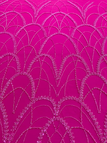 Dantela Couture Fucsia cu Model Geometric, cu Perle, Margele si Paiete
