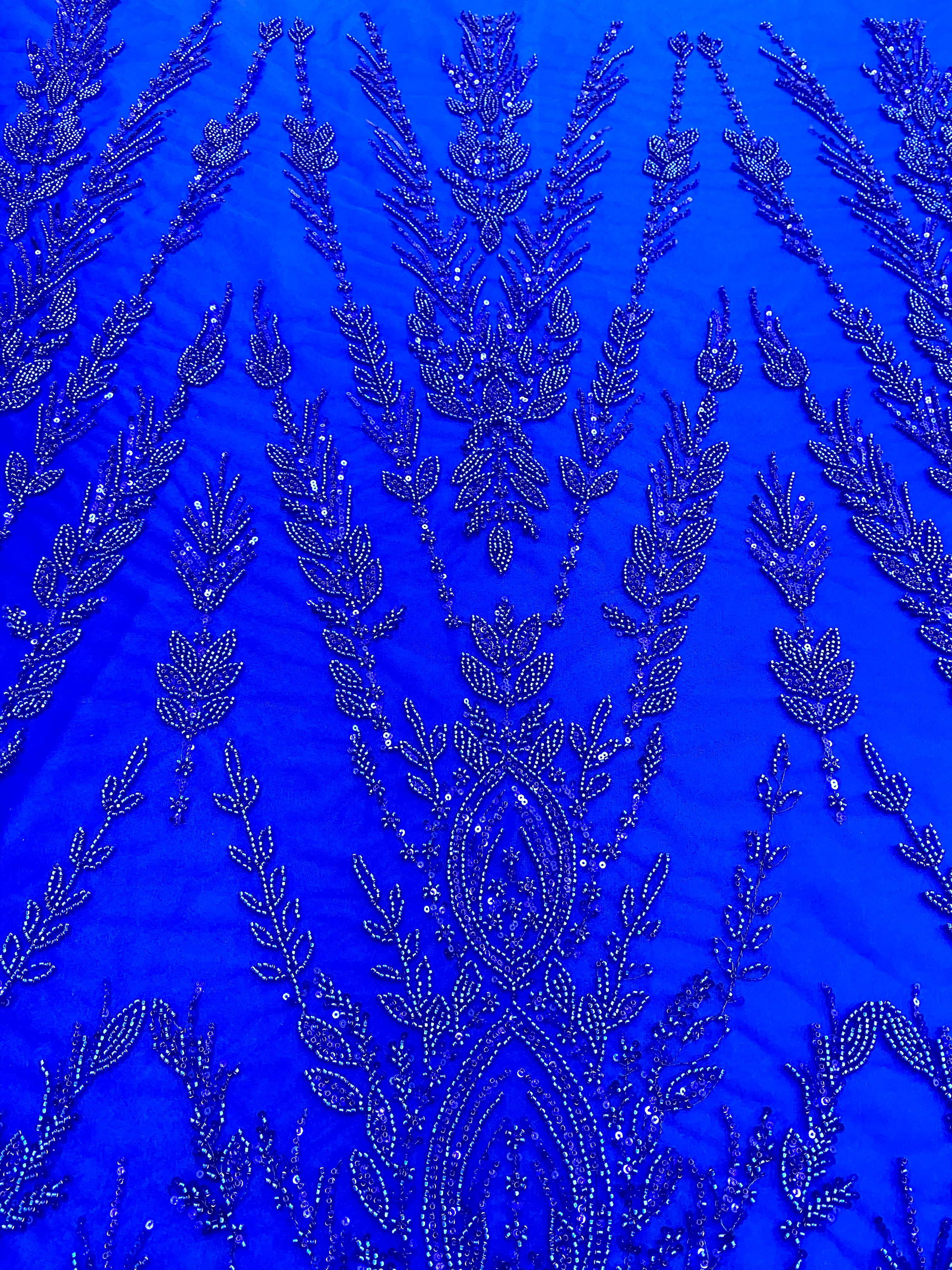 Dantela Couture Albastru Royal cu Model Simetric, cu Margele si Paiete