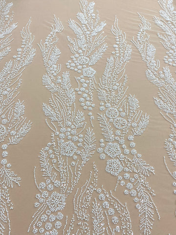 Dantela Couture Ivory cu Model Floral, Perle, Margele si Paiete