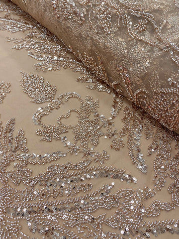 Csipke Couture Arany Rózsa Virágmintával, Gyöngyökkel és Flitterekkel