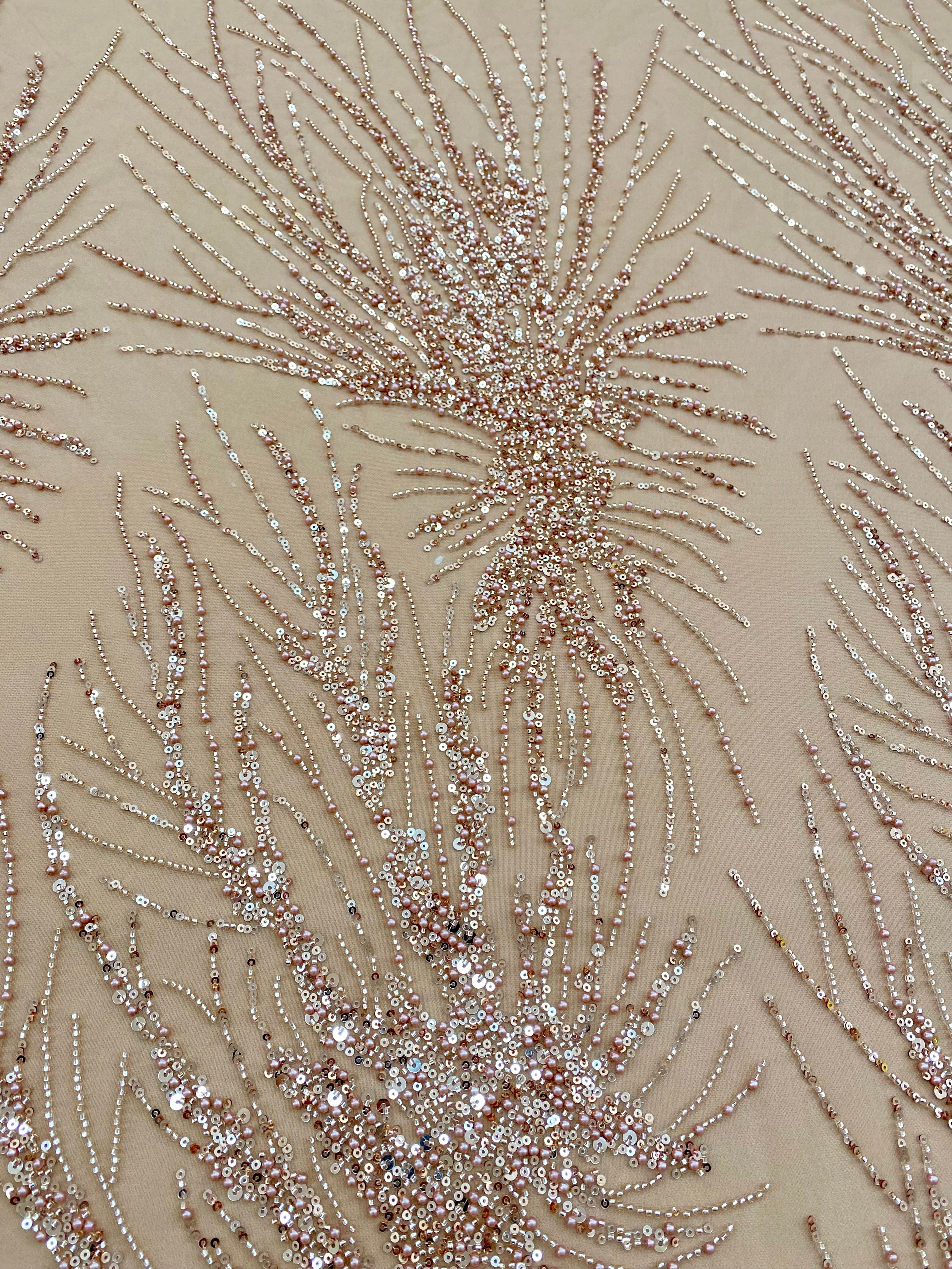 Dantela Couture Auriu Rose cu Model Liniar, cu Perle, Margele si Paiete