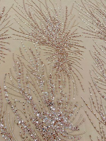 Dantela Couture Auriu Rose cu Model Liniar, cu Perle, Margele si Paiete