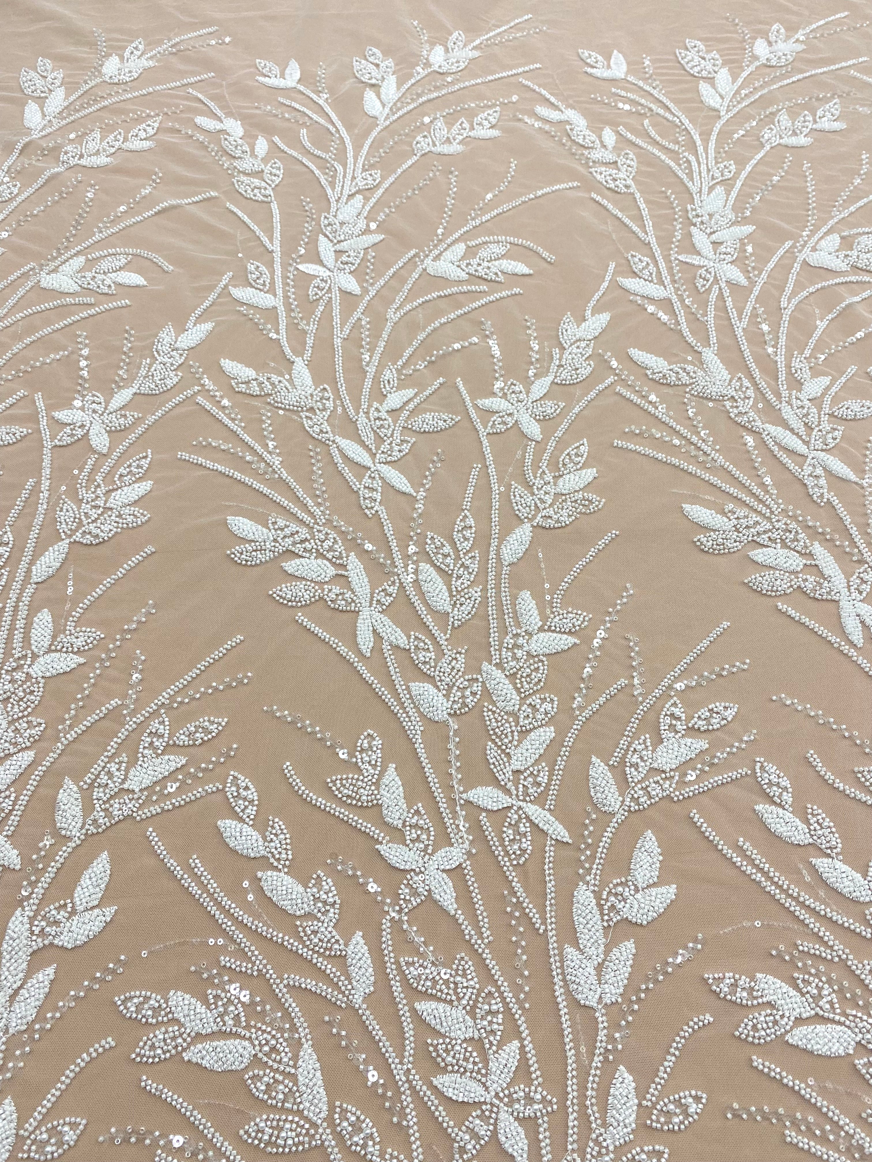 Dantela Couture Ivory cu Model Floral, Perle, Margele si Paiete