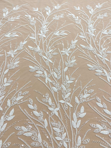 Dantela Couture Ivory cu Model Floral, Perle, Margele si Paiete