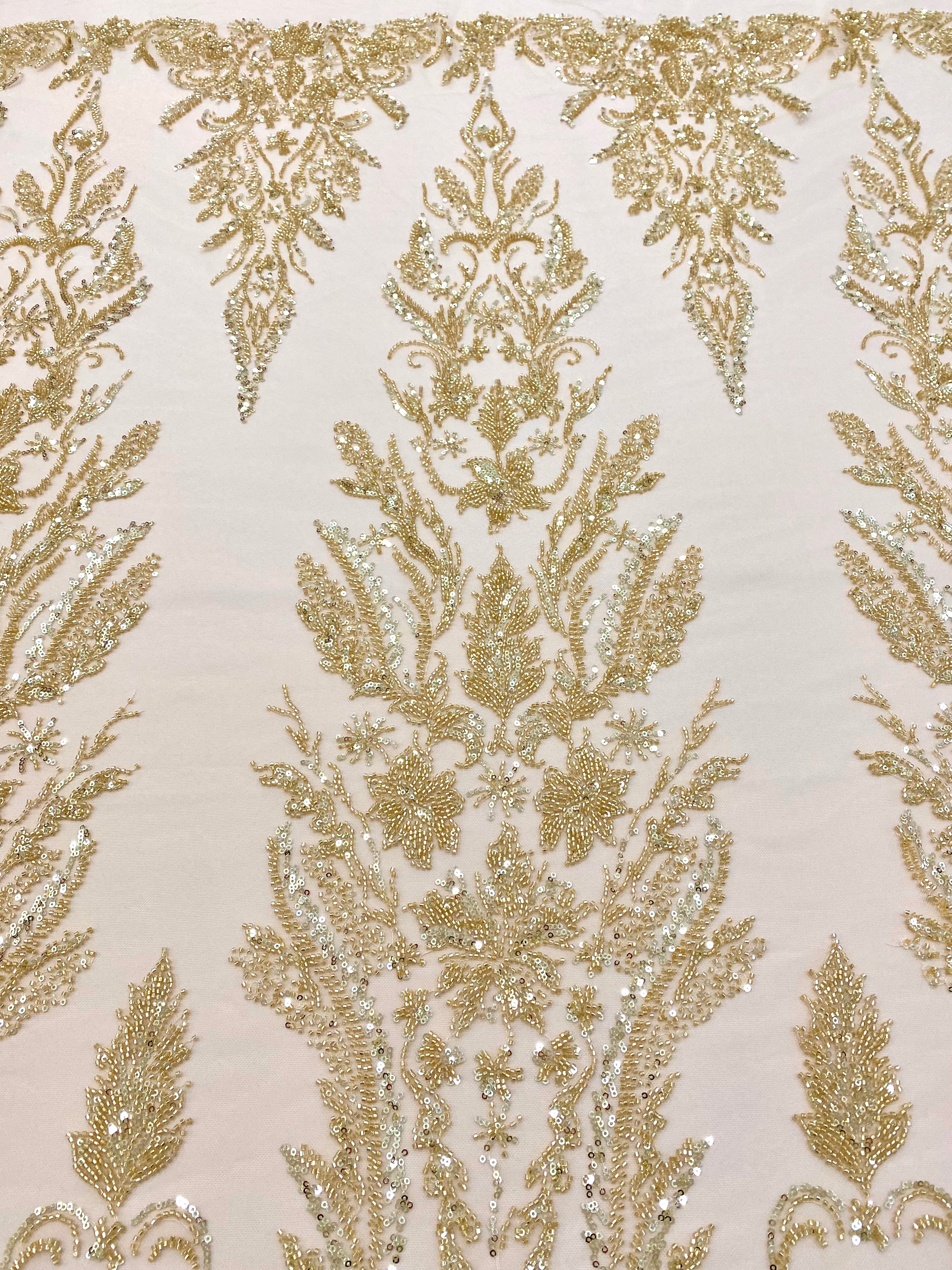 Dantela Couture Aurie cu Model Floral, cu Perle, Margele si Paiete