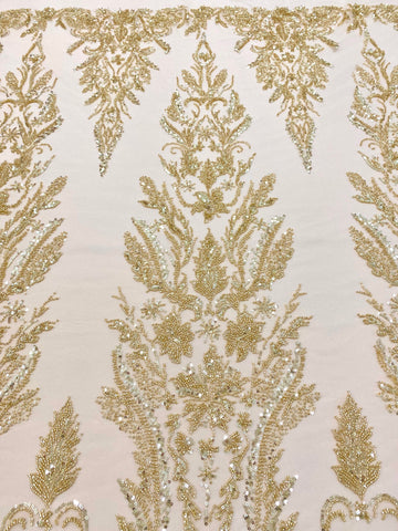 Dantela Couture Aurie cu Model Floral, cu Perle, Margele si Paiete