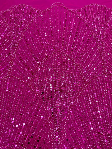 Dantela Couture Fucsia geometriai mintával, gyöngyökkel, gyöngyöcskékkel és flitterekkel