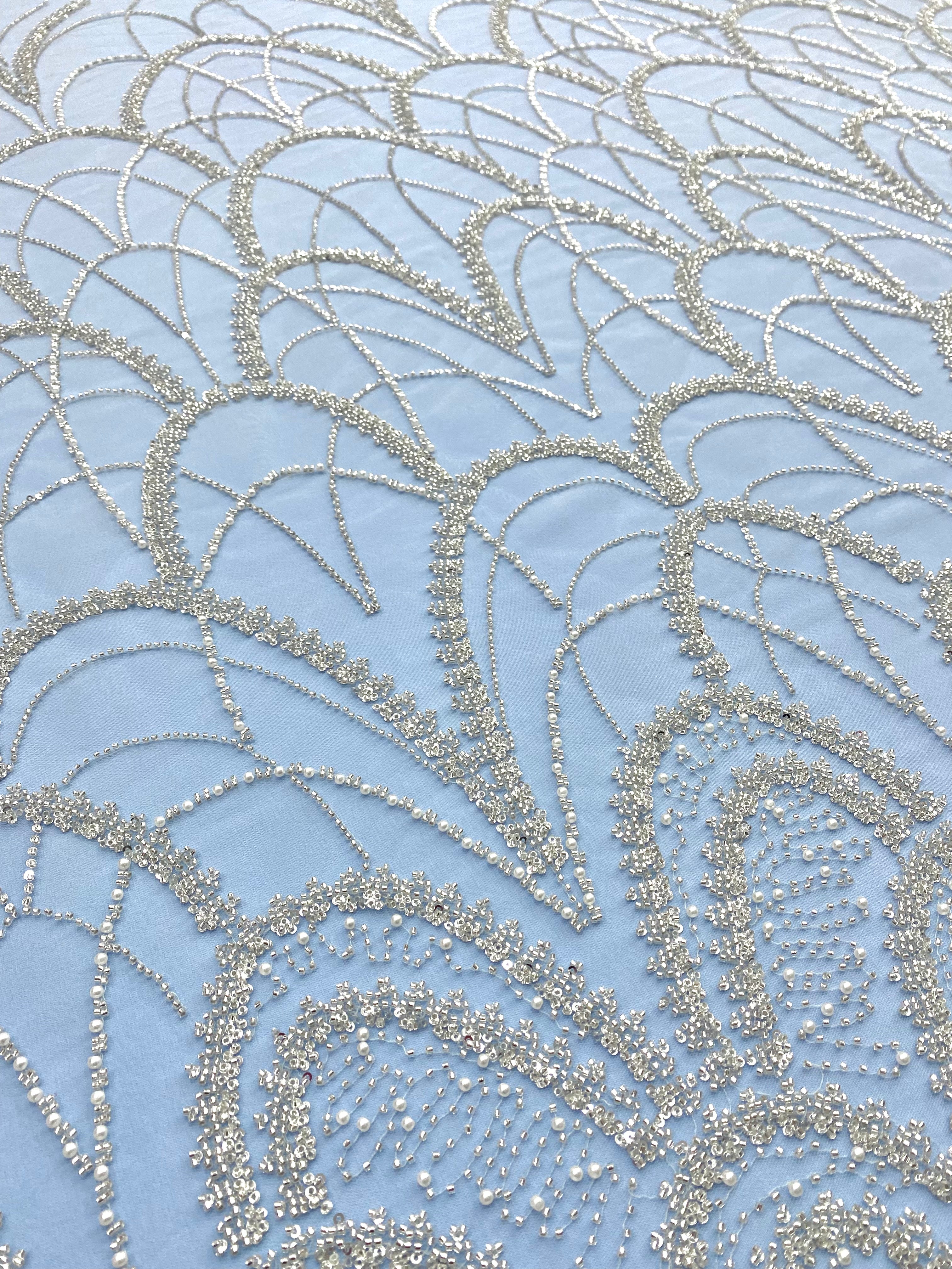 Dantela Couture Argintie cu Tulle Baby Blue cu Model Geometric, cu Perle, Margele Si Paiete