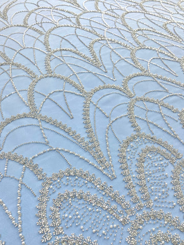 Dantela Couture Argintie cu Tulle Baby Blue cu Model Geometric, cu Perle, Margele Si Paiete