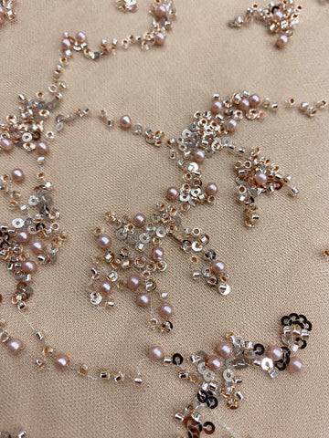 Dantela Couture Auriu Rose cu Perle, Margele si Paiete