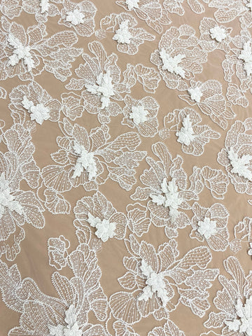 Dantela Couture 3D cu Flori Ivory, cu Margele si Paiete