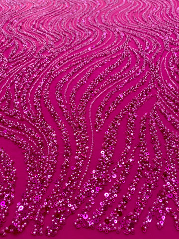 Dantela Couture Fucsia lineáris mintával, gyöngyökkel és flitterekkel
