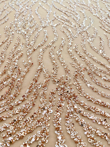 Dantela Couture Auriu Rose cu Siraguri, cu Margele si Paiete