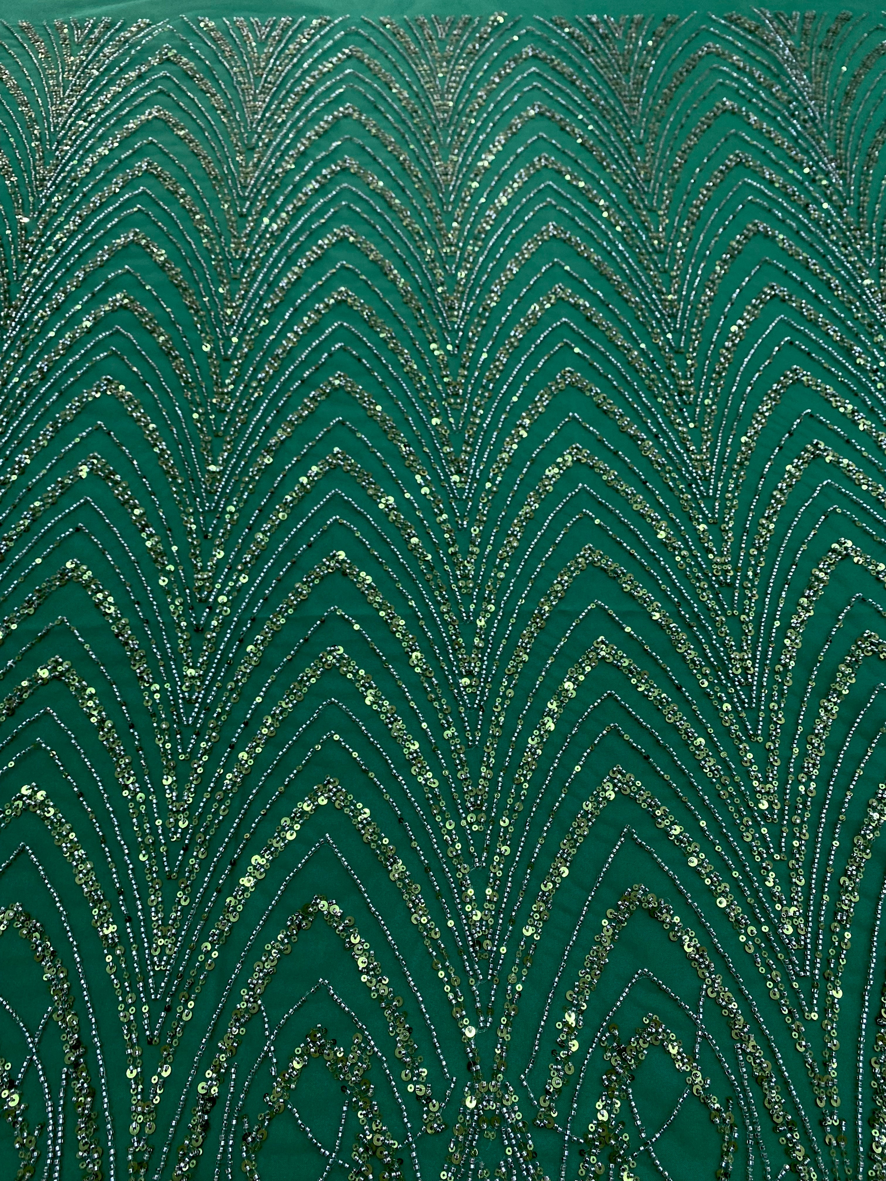 Dantela Couture Verde Smarald cu Model Geometric cu Margele si Paiete