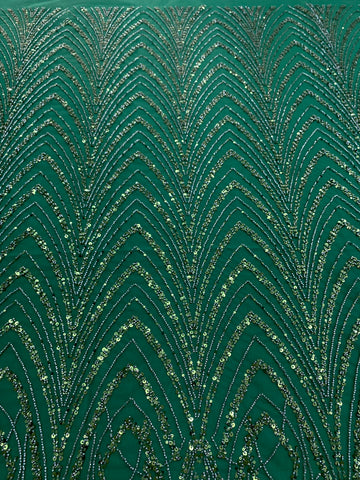 Dantela Couture Verde Smarald cu Model Geometric cu Margele si Paiete