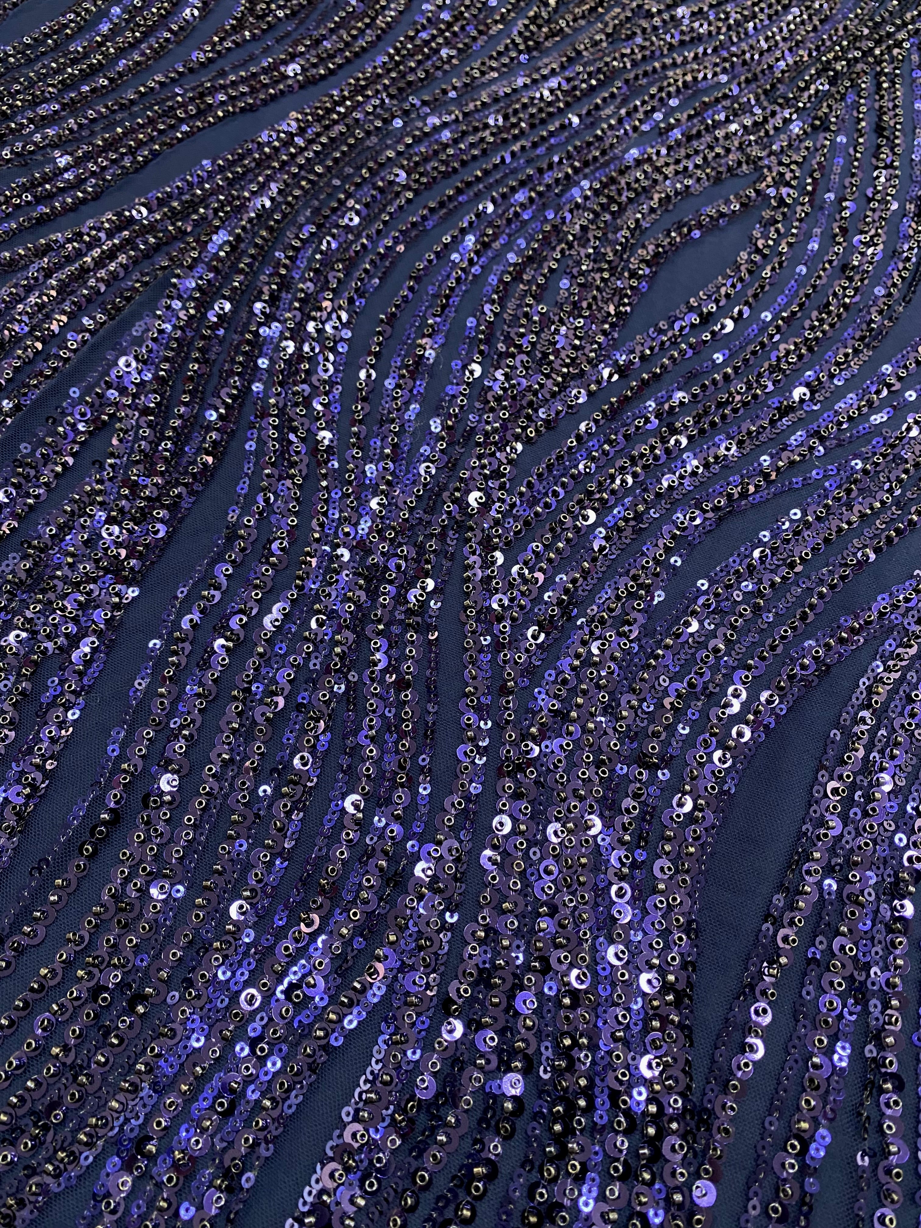 Dantela Couture Bleumarin cu Model Liniar, cu Margele si Paiete