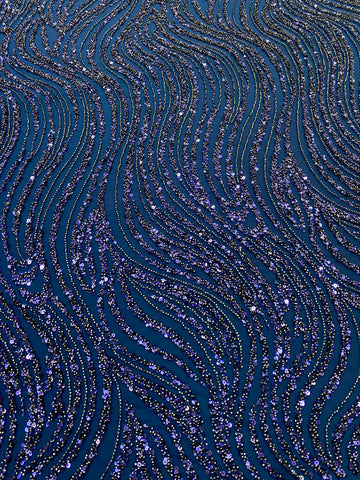 Dantela Couture Bleumarin cu Model Liniar, cu Margele si Paiete