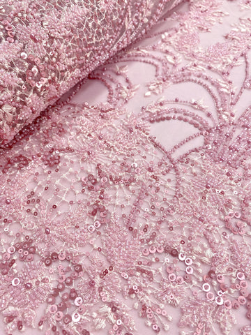 Dantela Couture Roz cu Model Geometric, cu Perle, Margele si Paiete