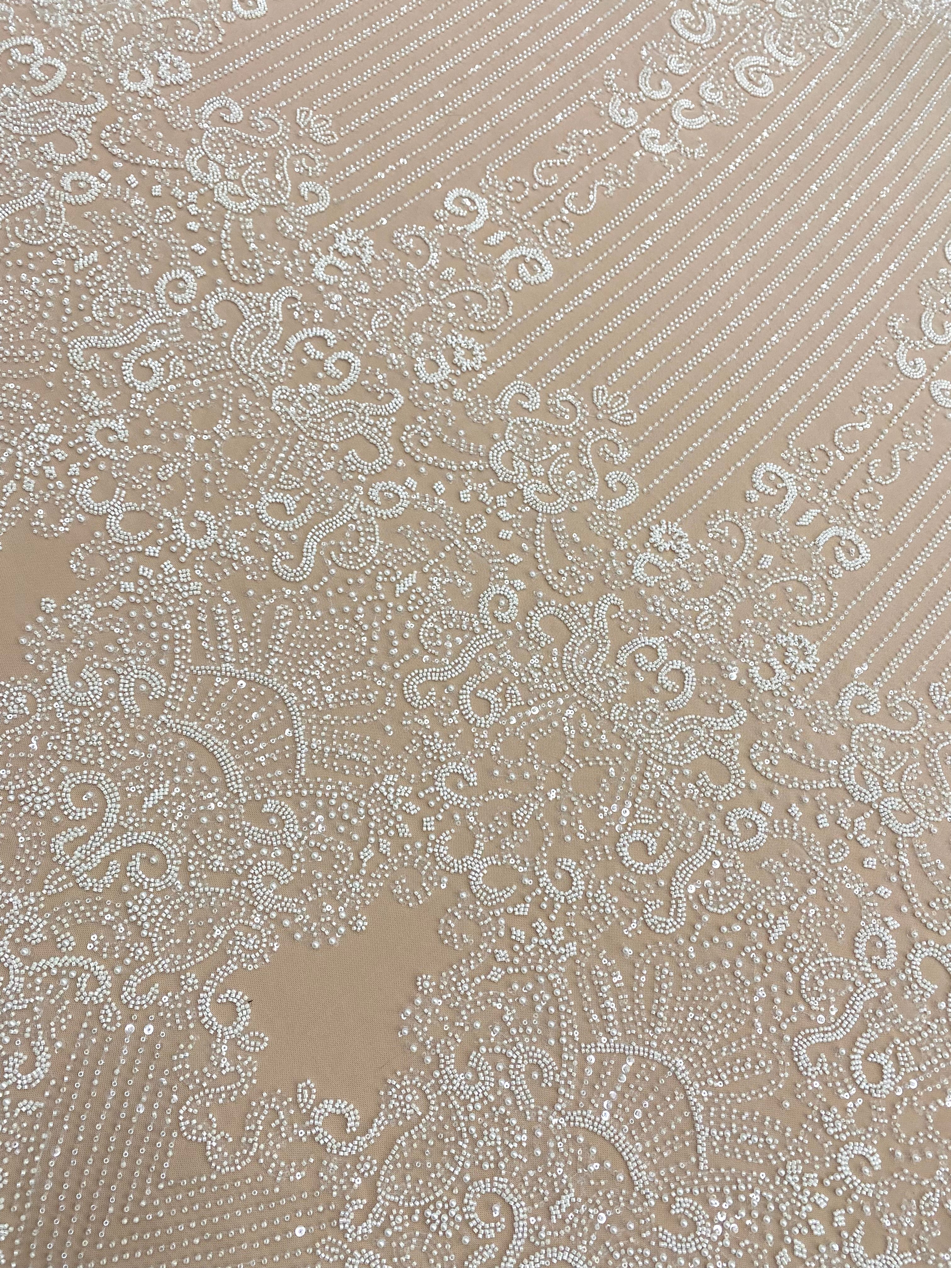 Dantela Couture Ivory cu Model Geometric, cu Perle, Margele si Paiete