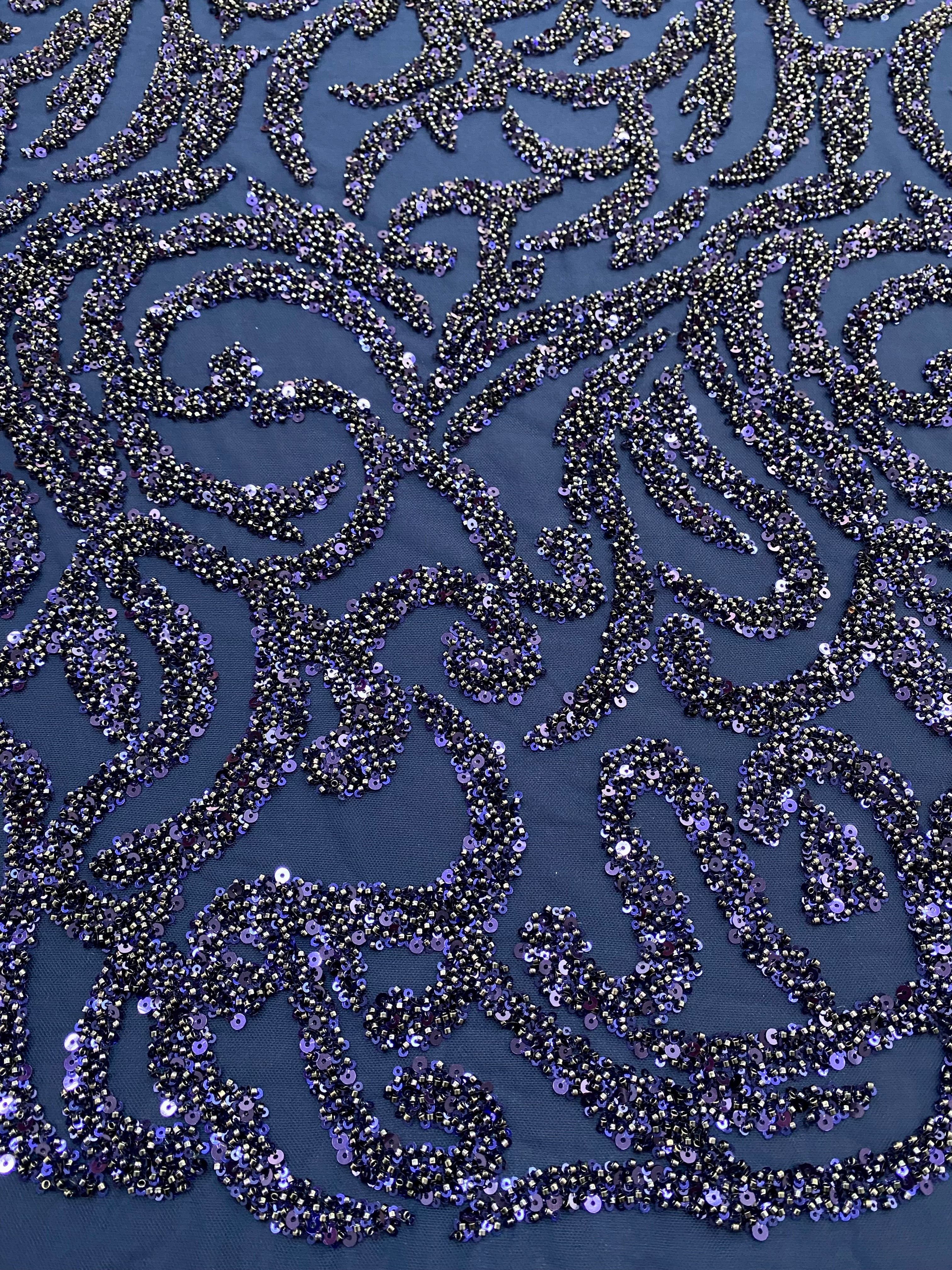 Dantela Couture Bleumarin cu Model Geometric, cu Margele si Paiete