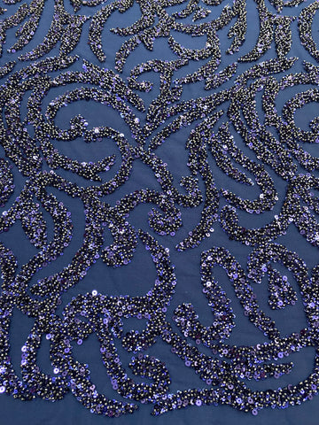 Dantela Couture Bleumarin cu Model Geometric, cu Margele si Paiete
