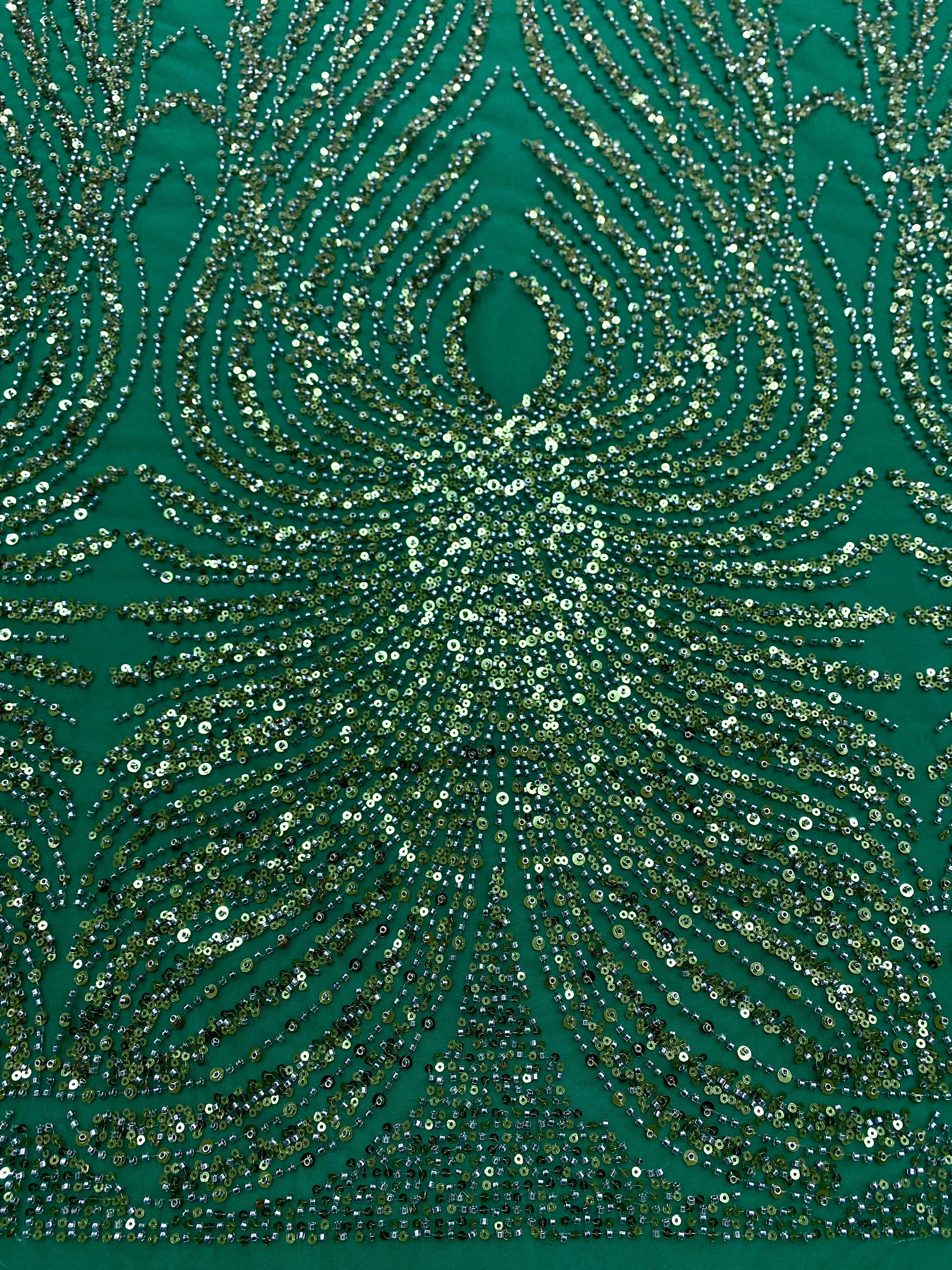 Dantela Couture Verde Smarald cu Panou, cu Margele si Paiete
