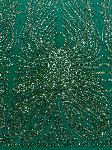 Dantela Couture Verde Smarald cu Panou, cu Margele si Paiete