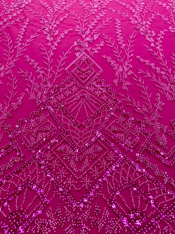 Dantela Couture Fucsia cu Model Geometric, cu Margele si Paiete