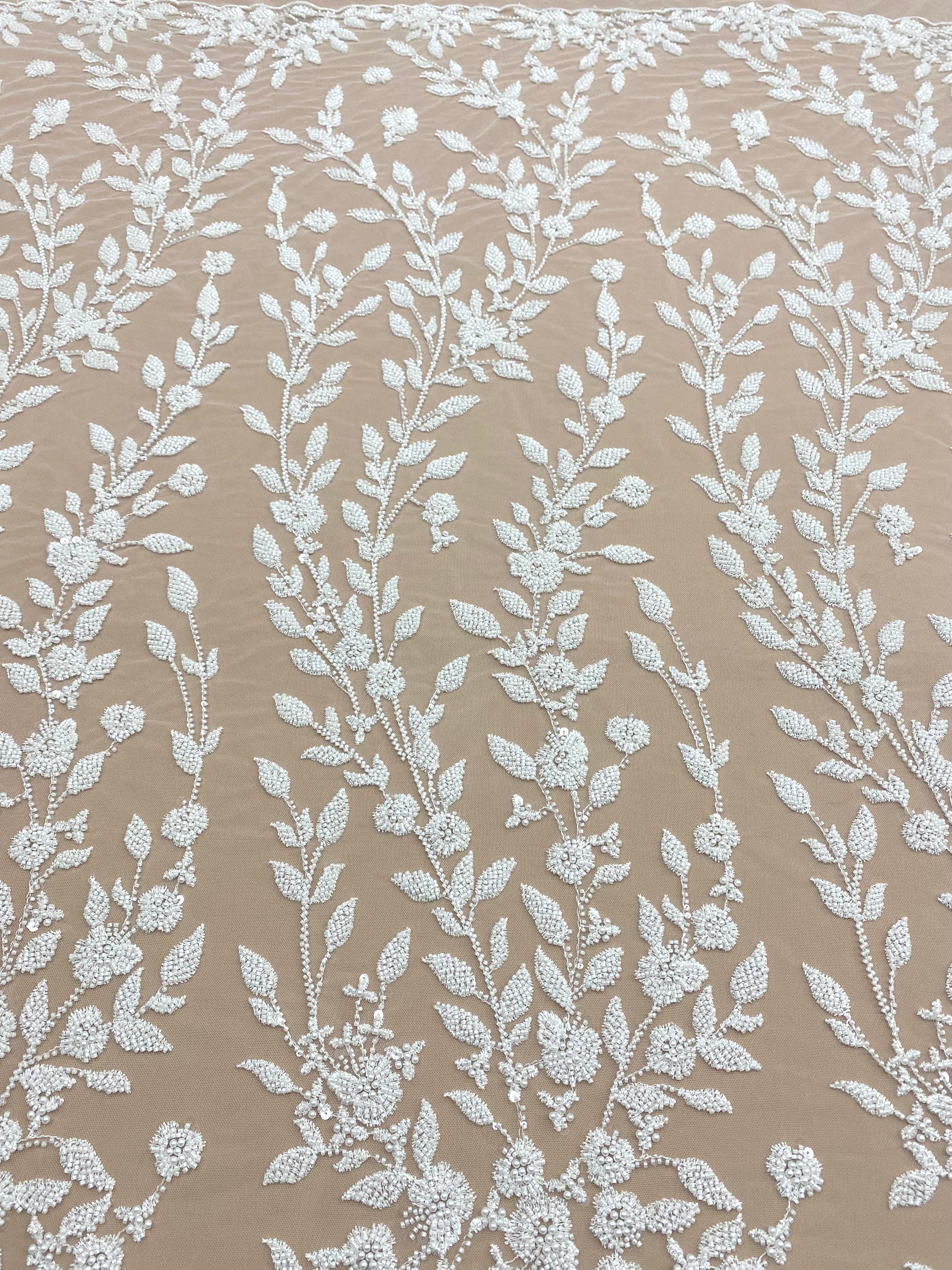 Dantela Couture Ivory cu Model Floral, Perle, Margele si Paiete