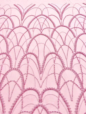 Dantela Couture Roz cu Model Geometric, cu Perle, Margele si Paiete