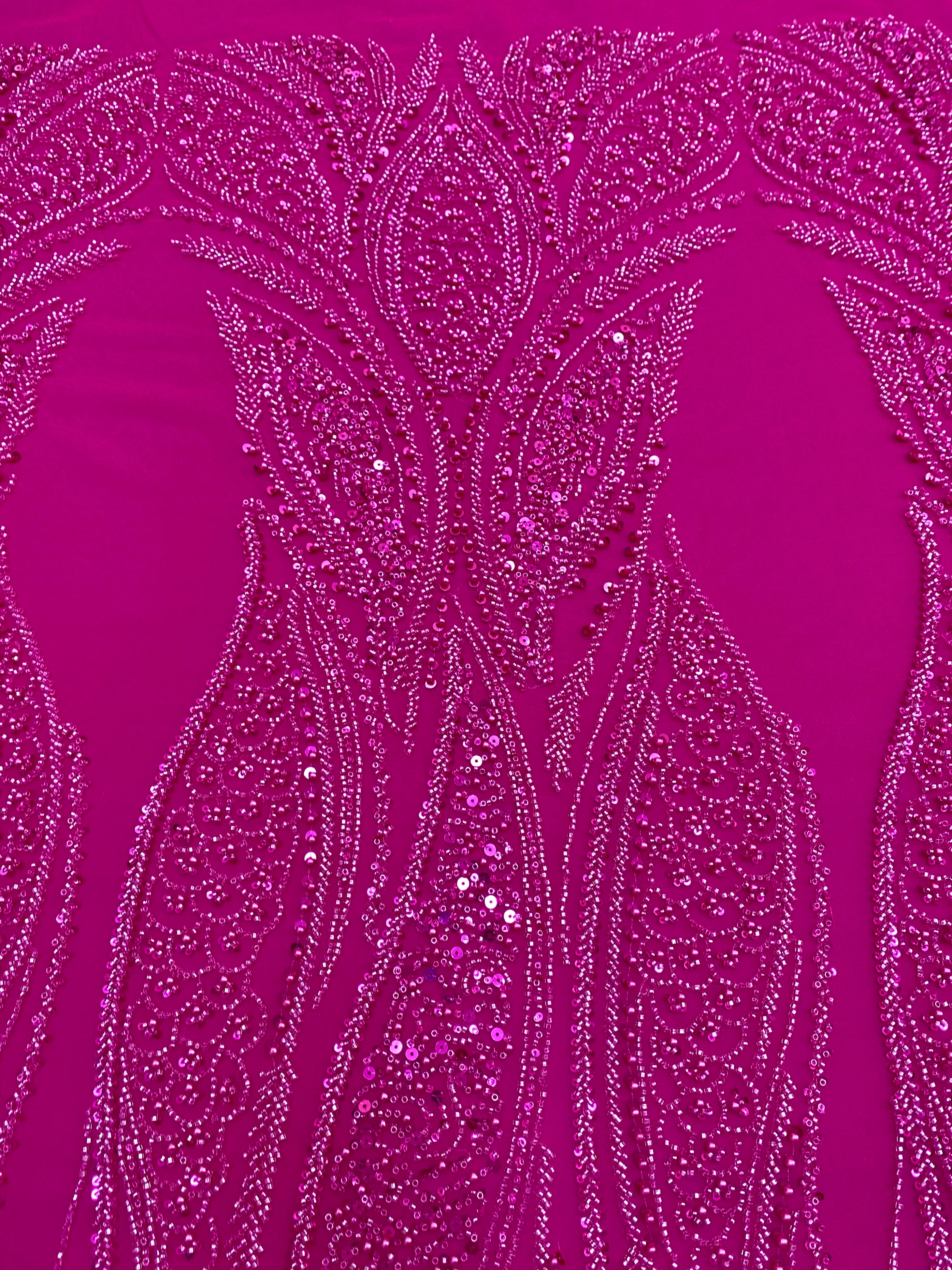 Dantela Couture Fucsia cu Panou, cu Perle, Margele si Paiete