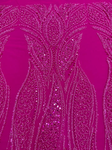 Dantela Couture Fucsia cu Panou, cu Perle, Margele si Paiete