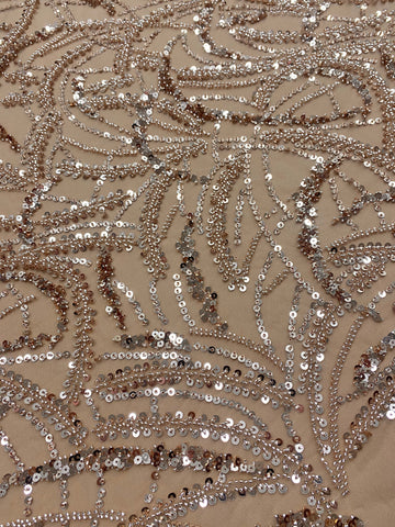 Dantela Couture Auriu Rose cu Model Geometric, Margele si Paiete