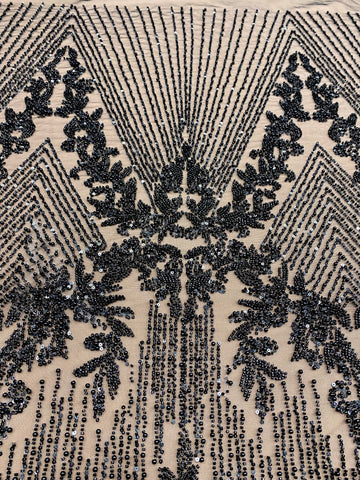 Dantela Couture Neagra cu Model Geometric, cu Perle, Margele si Paiete