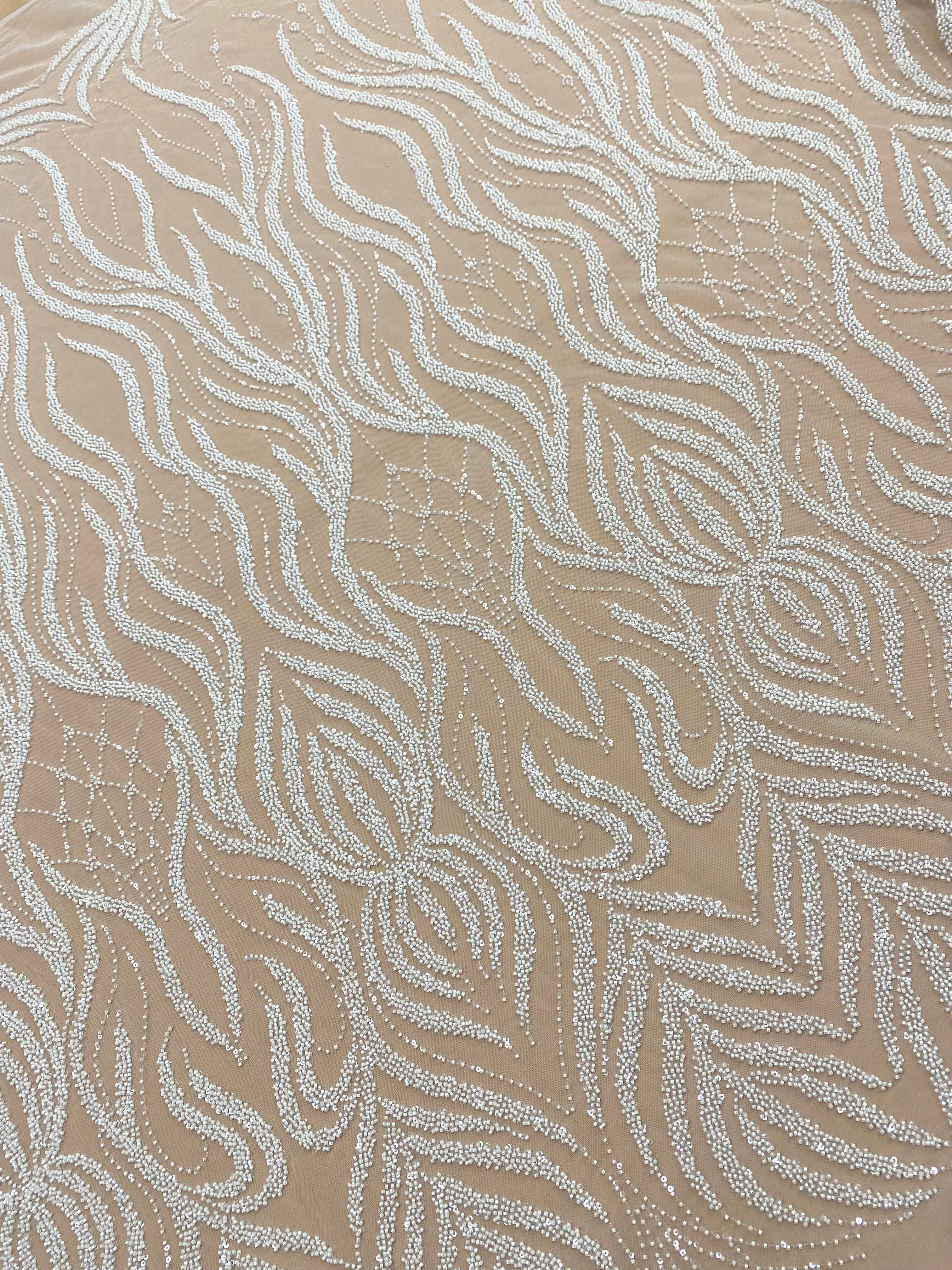 Dantela Couture Ivory cu Model Geometric, cu Margele si Paiete