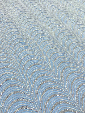 Dantela Couture Argintie pe Tulle Bleu cu Model Geometric, cu Perle, Margele si Paiete