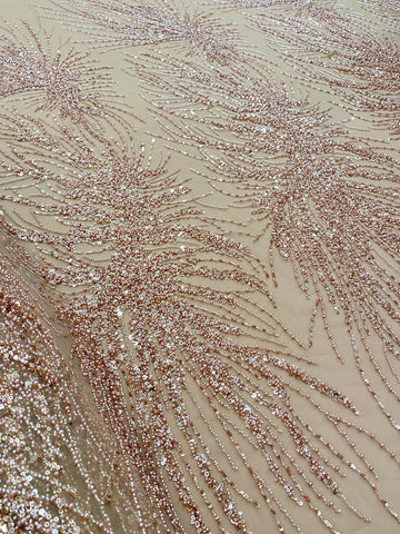Dantela Couture Auriu Rose cu Model Liniar, cu Perle, Margele si Paiete
