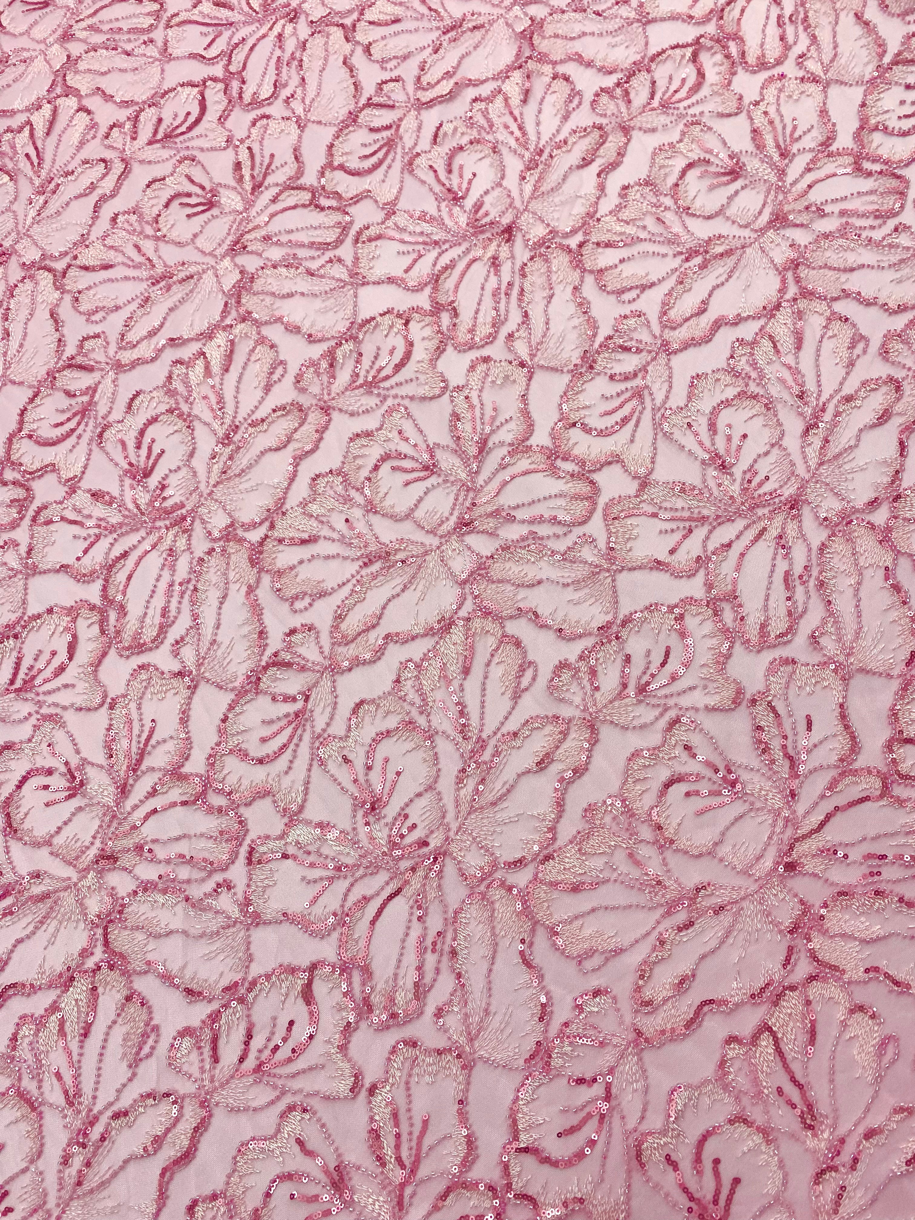 Dantela Couture Roz cu Model Floral, cu Margele si Paiete