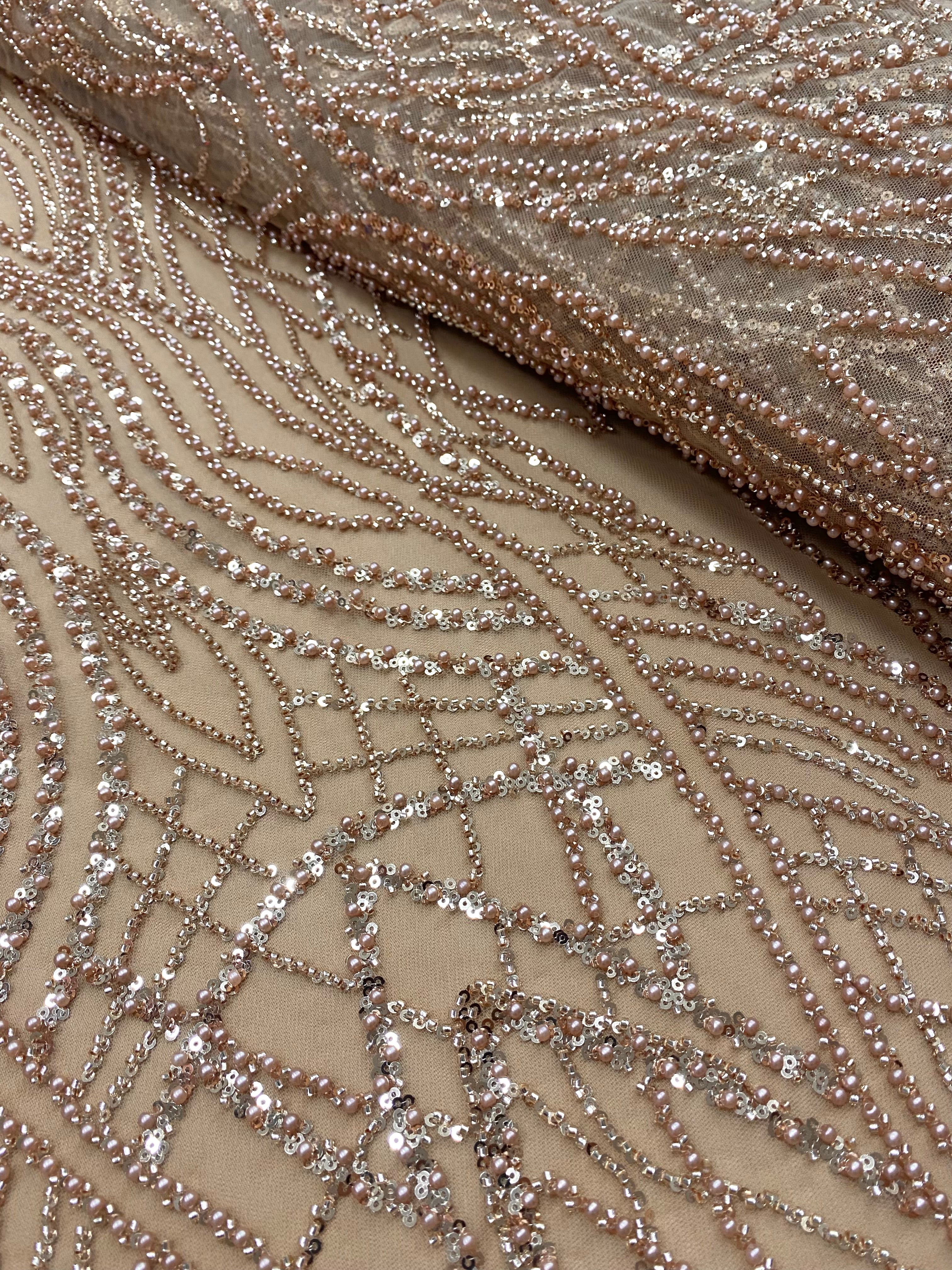 Dantela Couture Auriu Rose cu Perle, Margele si Paiete