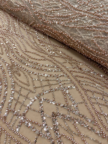 Dantela Couture Auriu Rose cu Perle, Margele si Paiete