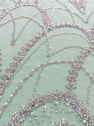 Dantela Couture Argintie pe Tulle Verde Menta cu Model Geometric, cu Perle, Margele si Paiete