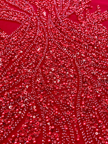 Piros Couture csipke geometriai mintával, gyöngyökkel, gyöngyöcskékkel és flitterekkel